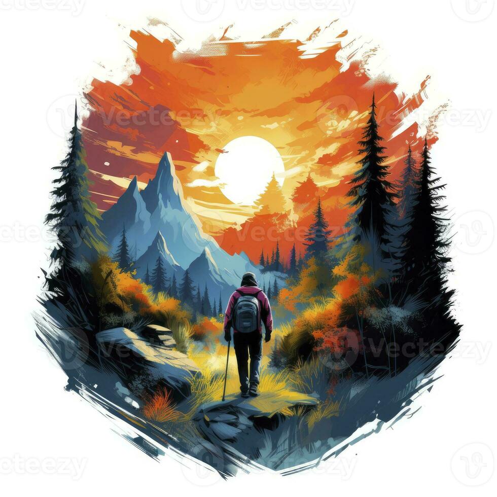 AI generated Vibrant colors wilderness hiking scene for t-shirt. AI Generated photo