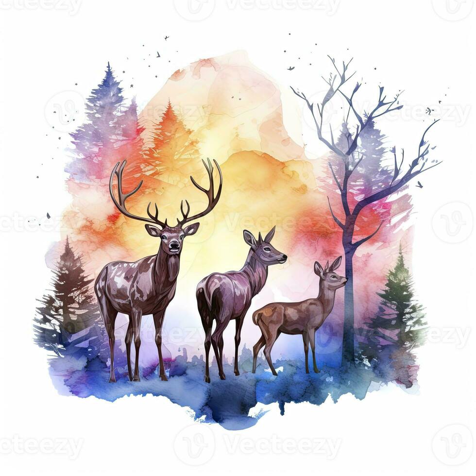 AI generated Colorful Deers in Forest. T-shirt design. AI Generated photo