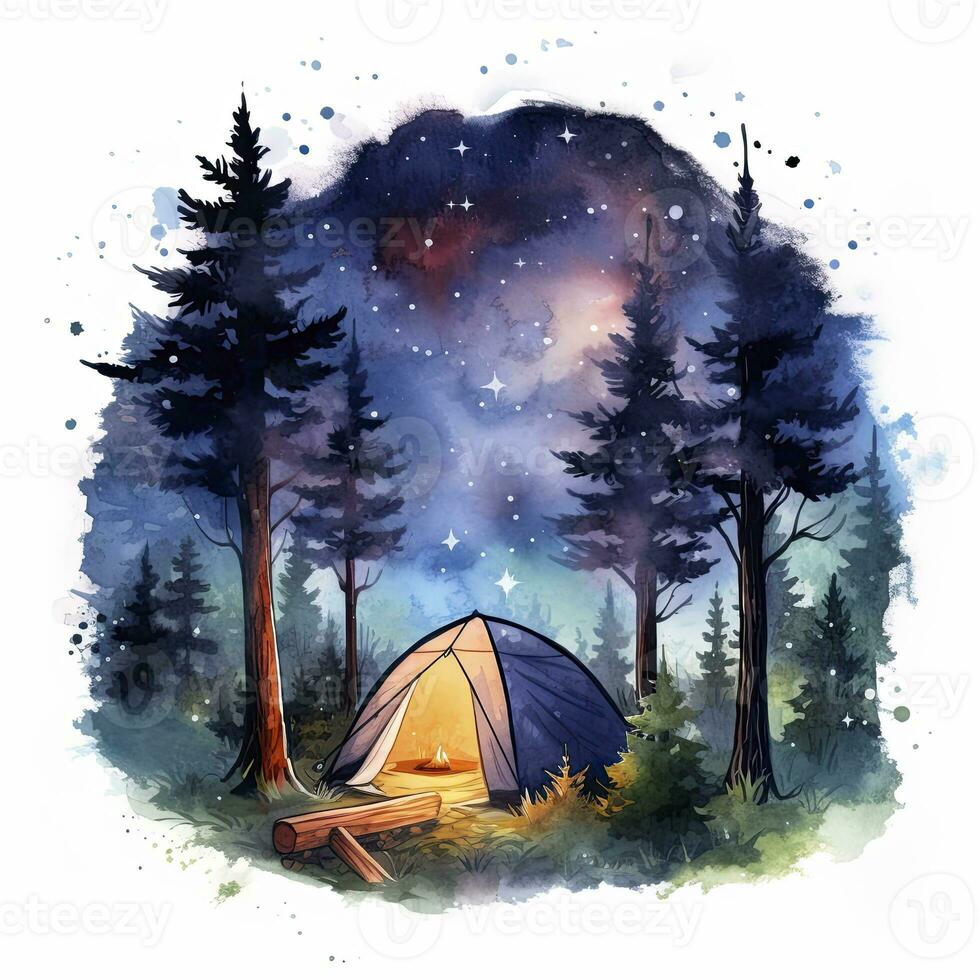 AI generated A Camping Tent in the forest with Night sky, watercolor for T-shirt Design. AI Generated photo
