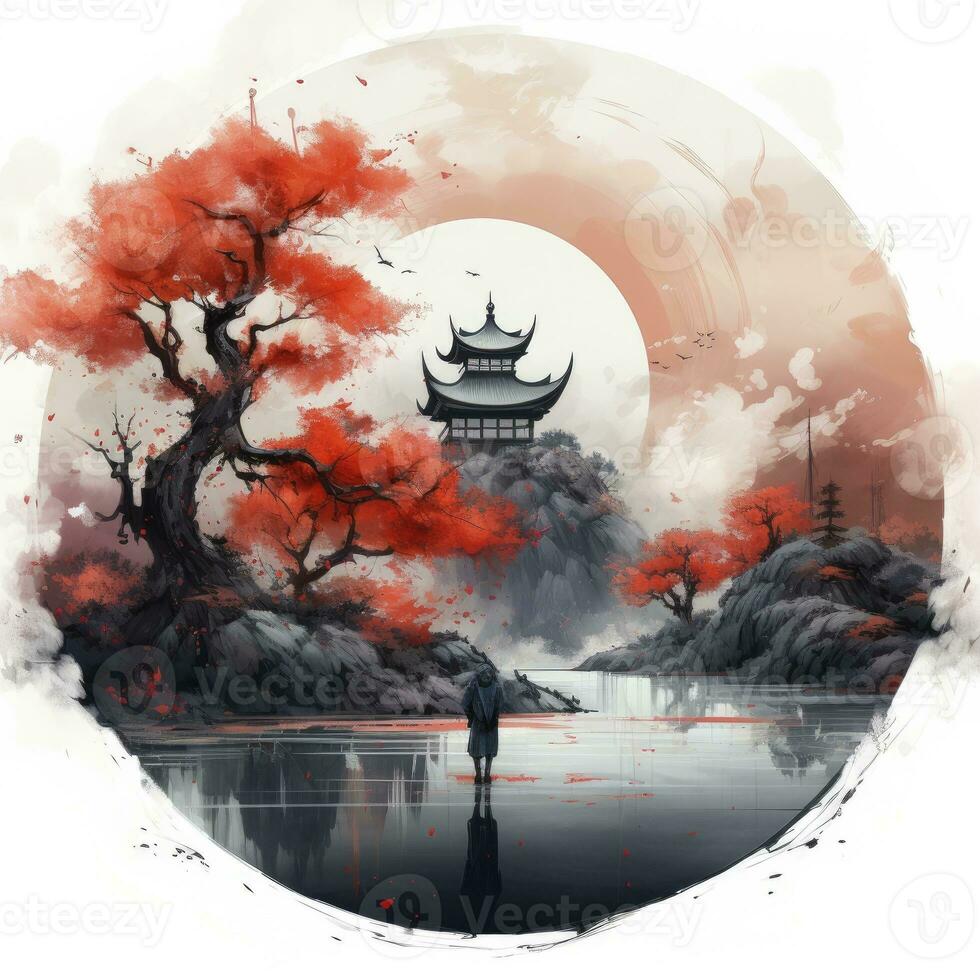 AI generated Chinese ink painting. T-shirt Design. AI Generated photo