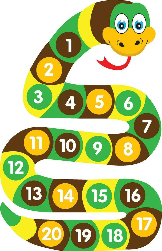 cómic serpiente con números y colores. ilustración de un tablero juego conformado me gusta un víbora. vibora sonrisas con su lengua fuera en un blanco antecedentes. verde serpiente personaje vector
