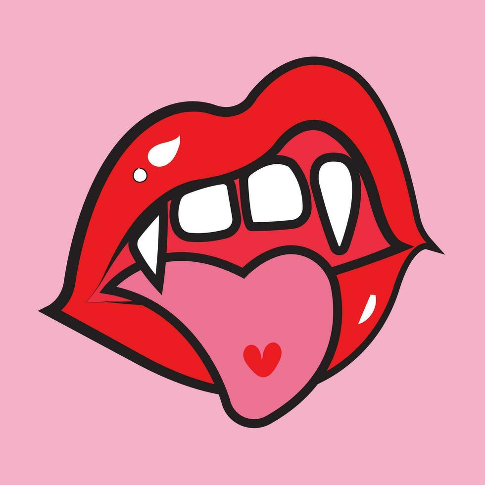 Vector vampire isolated on pink background, red lips with vampire fangs and heart on the tongue