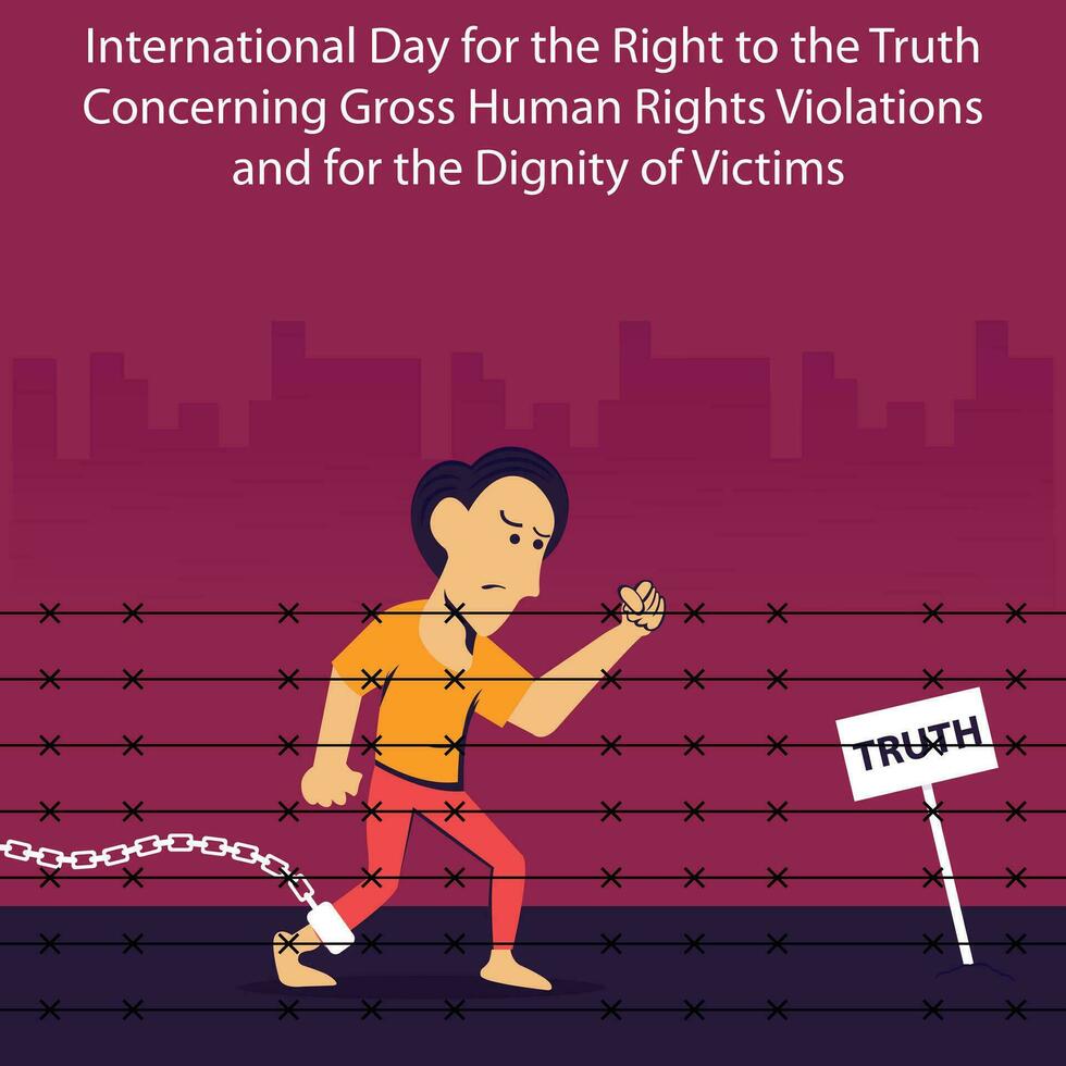 illustration vector graphic of a man is walking the path of truth with his feet chained, perfect for international day, right to the truth, concerning gross, human right violation, dignity, victims.