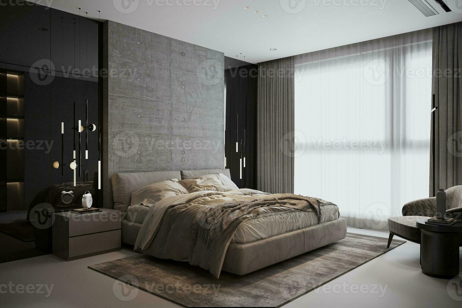 The Stylish interior of a comfortable bedroom, with a large window. photo