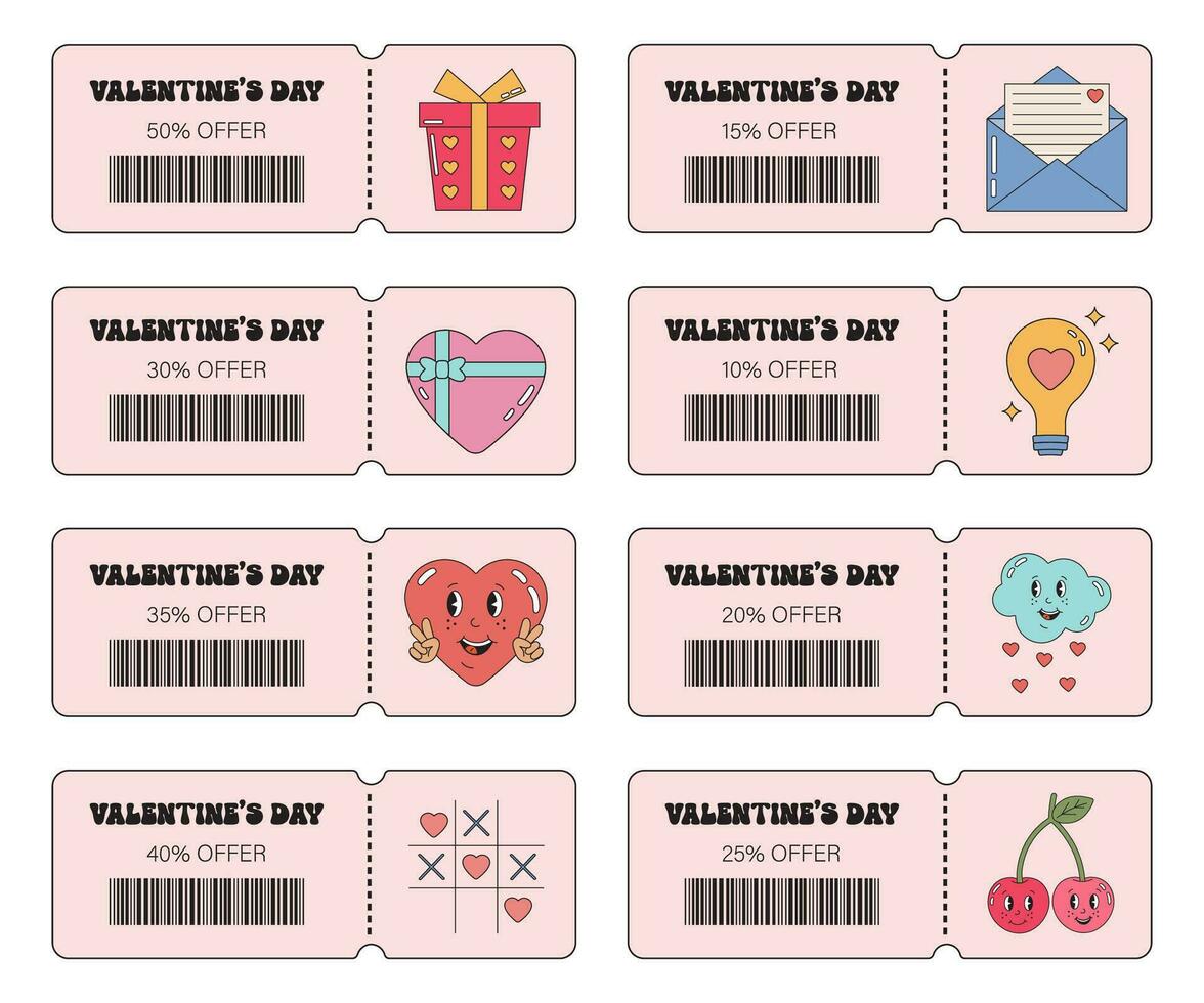 Valentines day tickets, love coupon set. Valentine sale, special offers, discounts coupons for shopping, gifts, restaurants, cinemas, cafes. Voucher set with love, cute elements in groovy retro style. vector