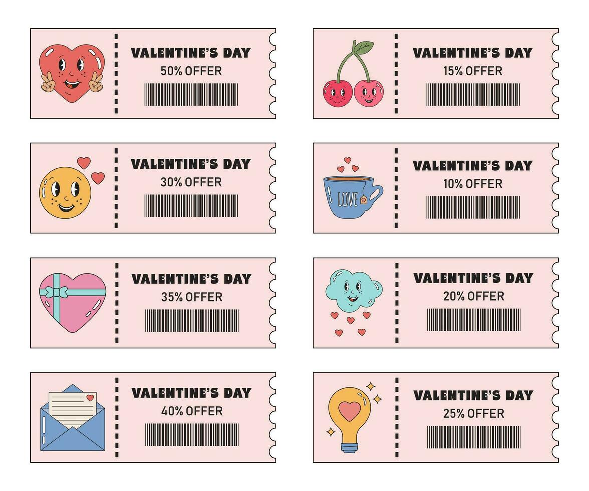 san valentin día Entradas, amor cupón colocar. enamorado venta, especial ofertas, descuentos cupones para compras, regalos, restaurantes, cines, cafés vale conjunto con amar, linda elementos en maravilloso retro estilo. vector