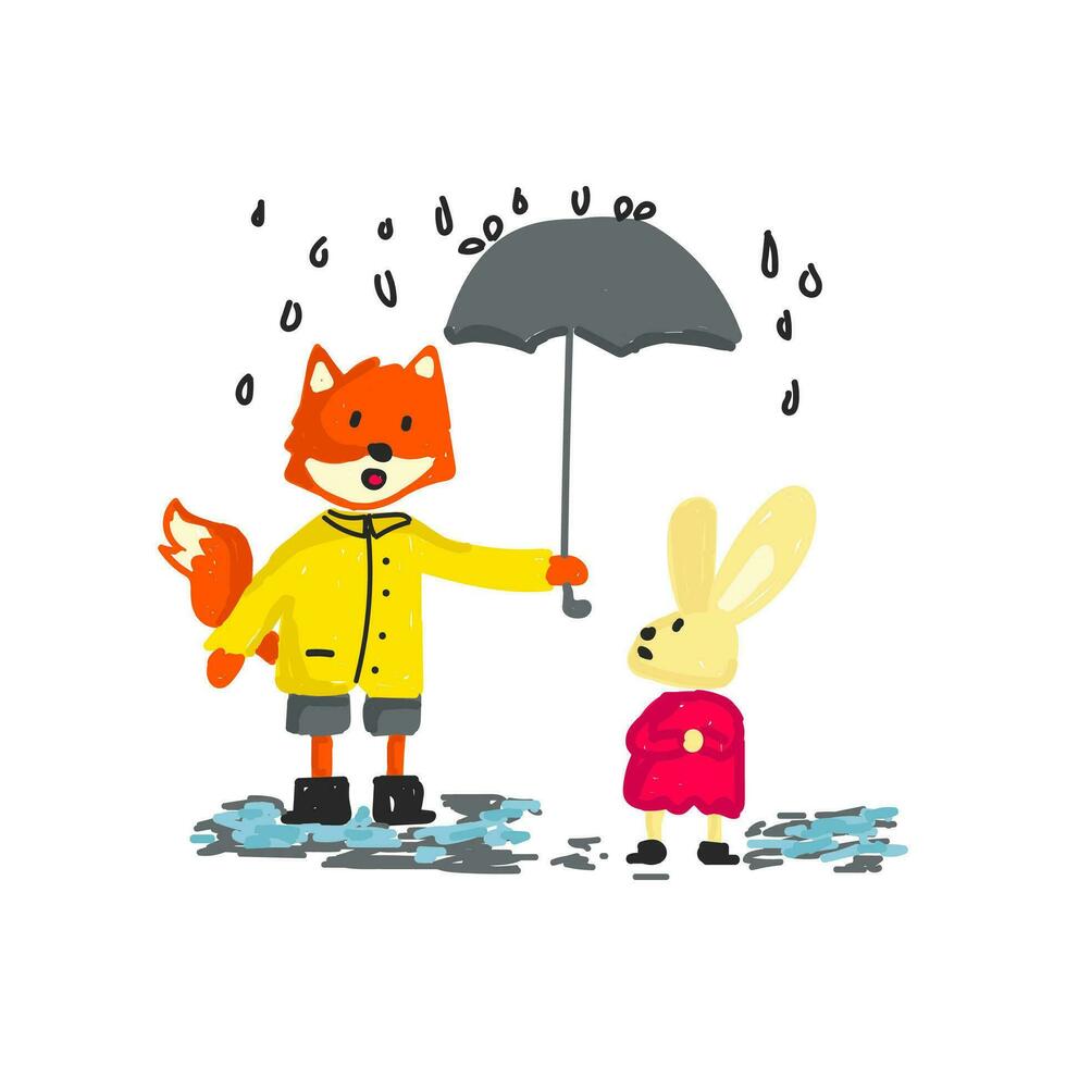 Cute fox and rabbit playing in the rain vector illustration for for fabric, textile and print
