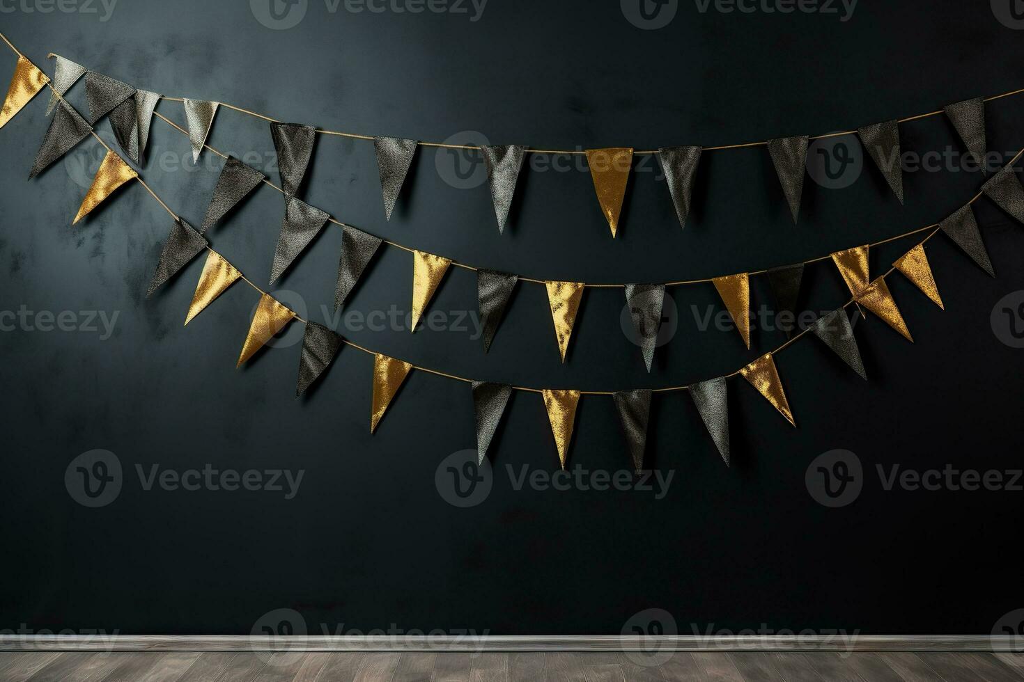 AI generated Festive garland with black and gold flags on a black wall. Generated by artificial intelligence photo