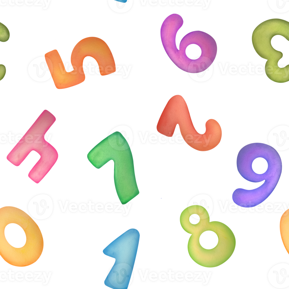 Watercolor various multicolored numbers from 1 to 0 seamless pattern arithmetic background. cute symbols of children age for happy birthday cards. Learning numeracy, mathematics for kids png