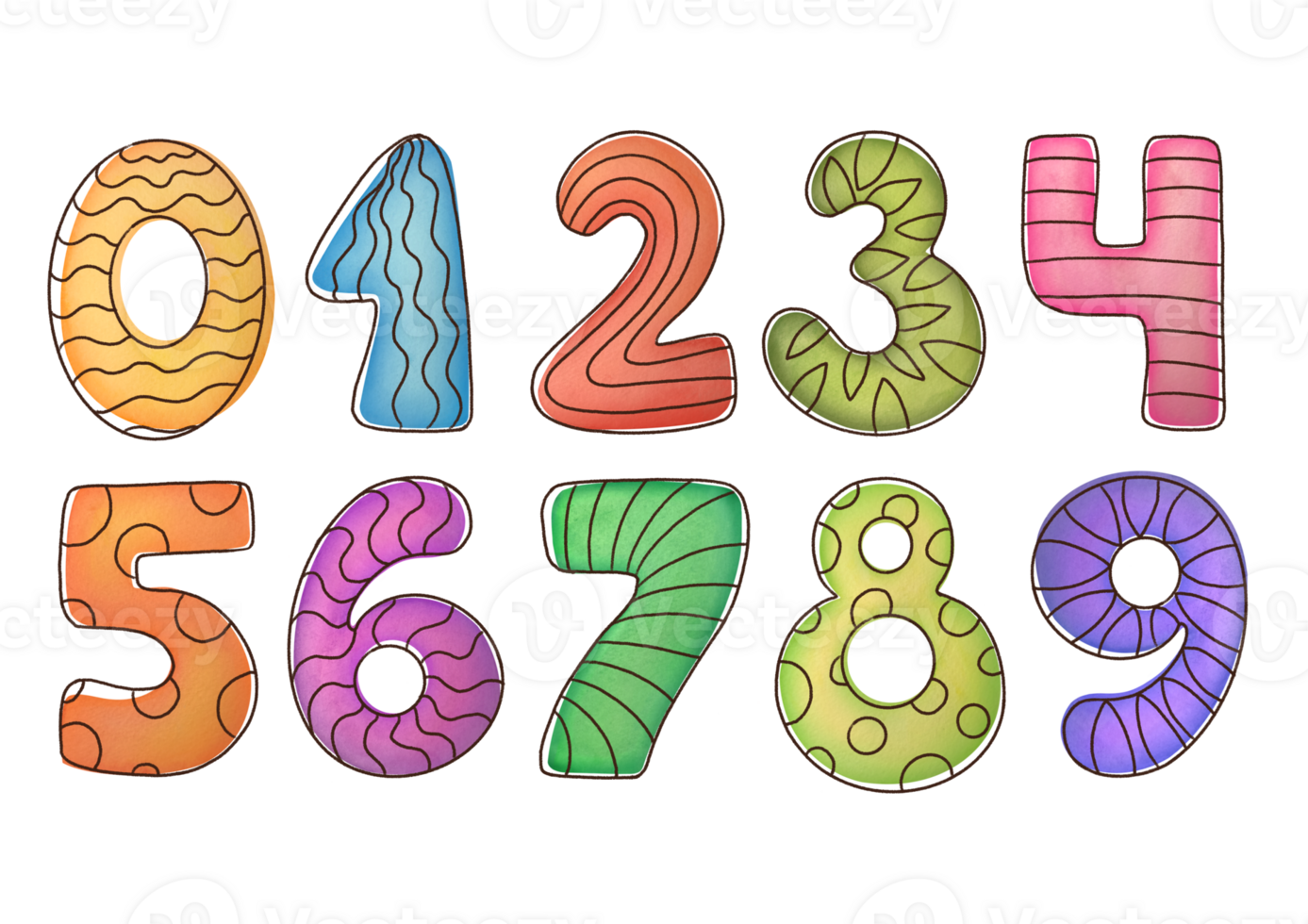 cutout Watercolor various multicolored numbers from 1 to 0 collection on transparent background. clipart cute symbols of children age for happy birthday cards. Learning numeracy, mathematics for kids png