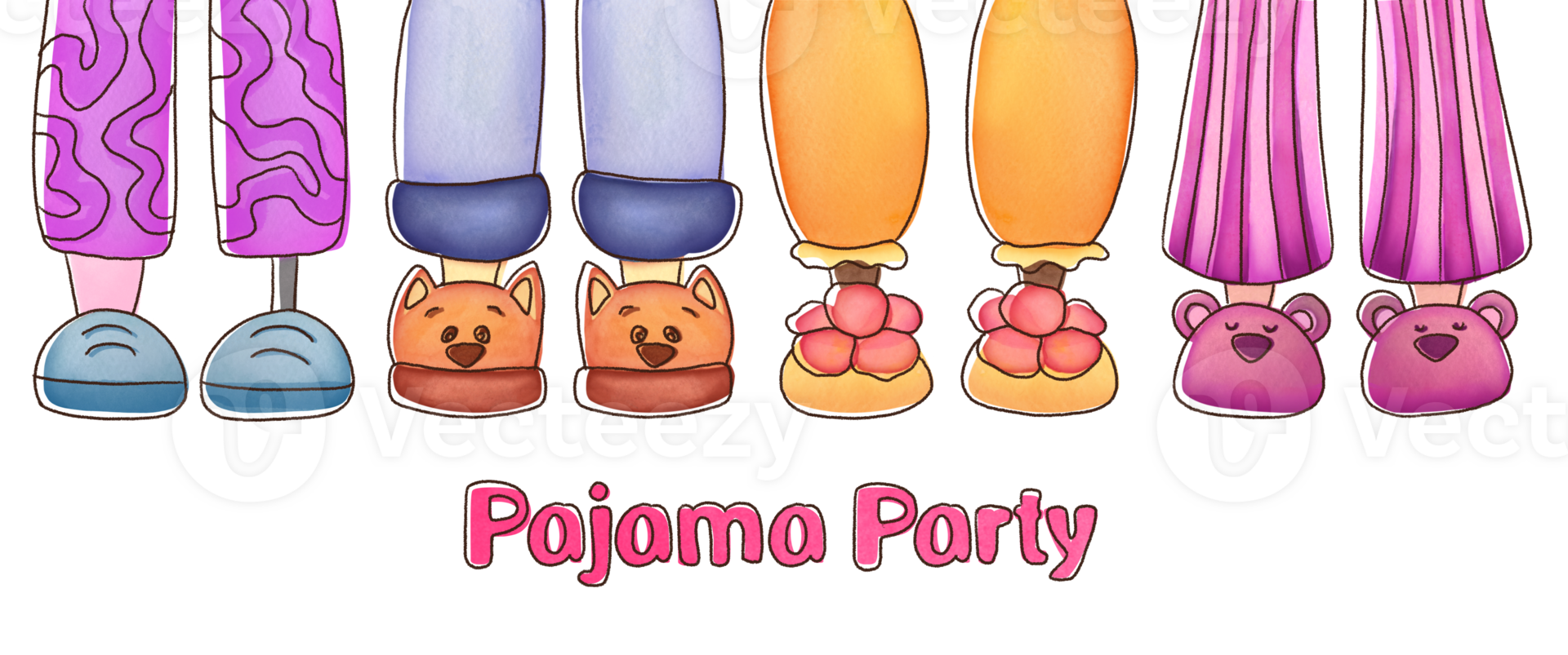 pink Pajama party. Legs in funny fluffy comfort slippers on transparent background. slumber watercolor style for kids. invitation to birthday celebration in comfortable shoes, clothes. Good night png