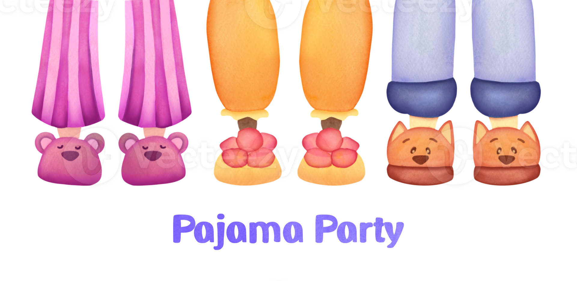 pink Pajama party. Legs in funny fluffy comfort slippers on transparent background. slumber watercolor style for kids. invitation to birthday celebration in comfortable shoes, clothes. Good night png