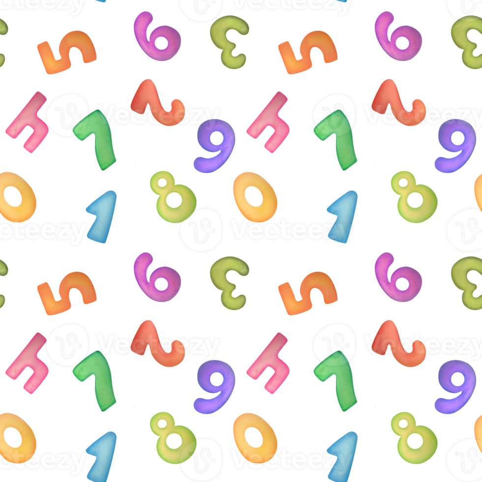 Watercolor various multicolored numbers from 1 to 0 seamless pattern arithmetic background. cute symbols of children age for happy birthday cards. Learning numeracy, mathematics for kids png