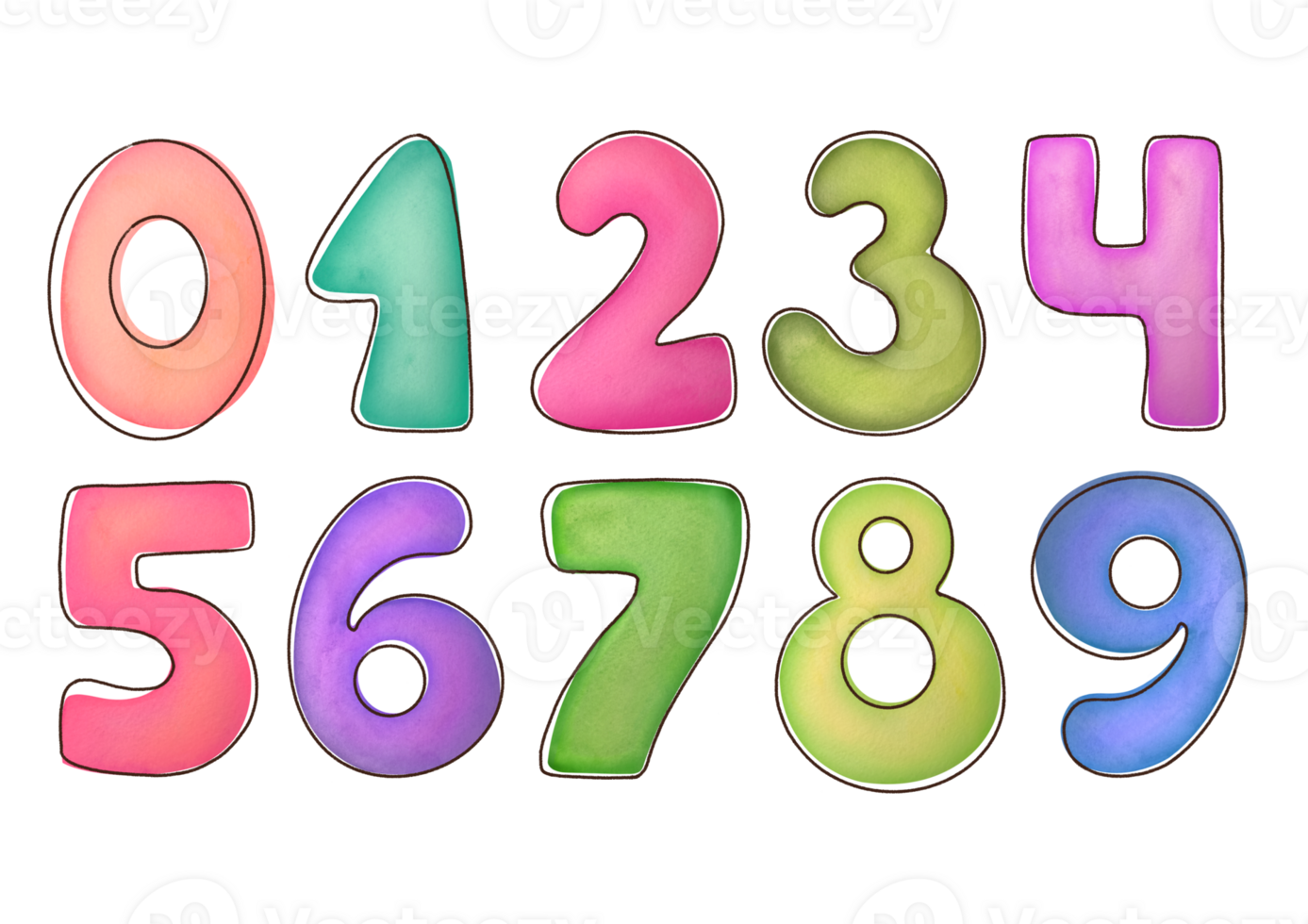 cutout Watercolor various multicolored numbers from 1 to 0 collection on transparent background. clipart cute symbols of children age for happy birthday cards. Learning numeracy, mathematics for kids png