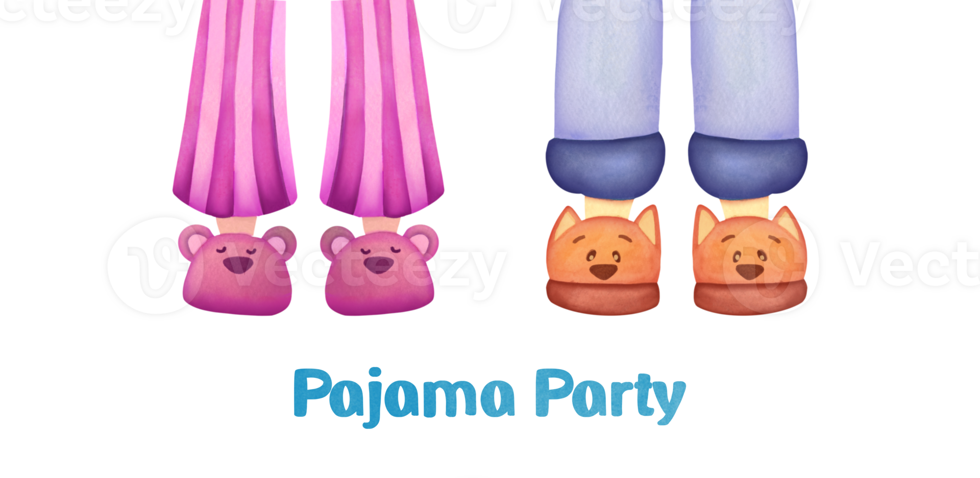 pink Pajama party. Legs in funny fluffy comfort slippers on transparent background. slumber watercolor style for kids. invitation to birthday celebration in comfortable shoes, clothes. Good night png