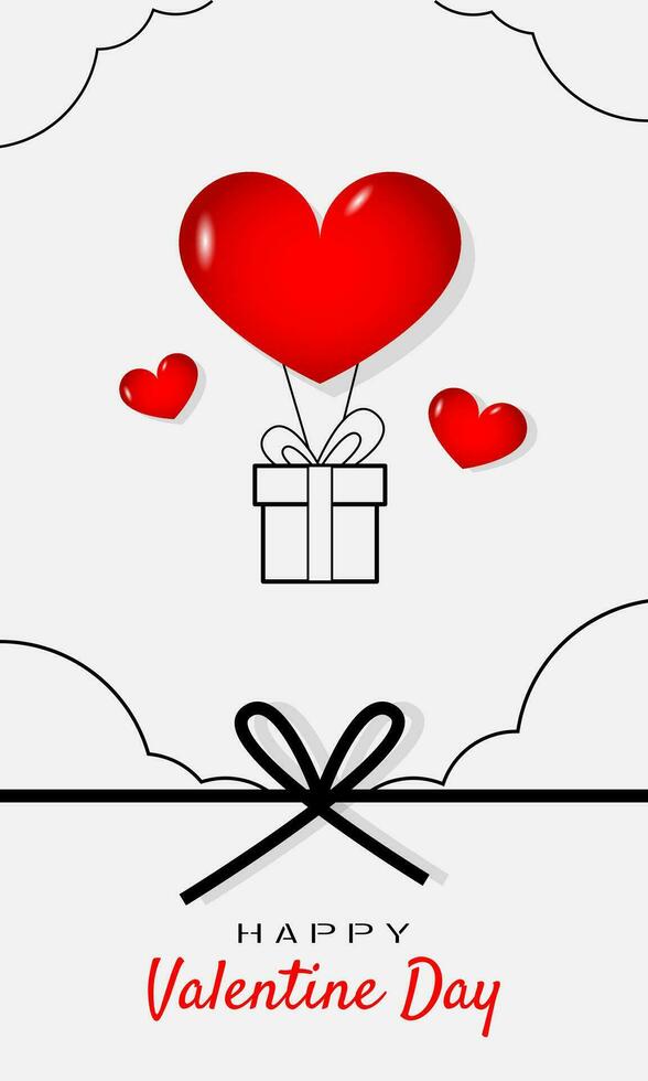 Happy Valentine's Day poster with a love shaped balloon carrying a gift box in outline style vector