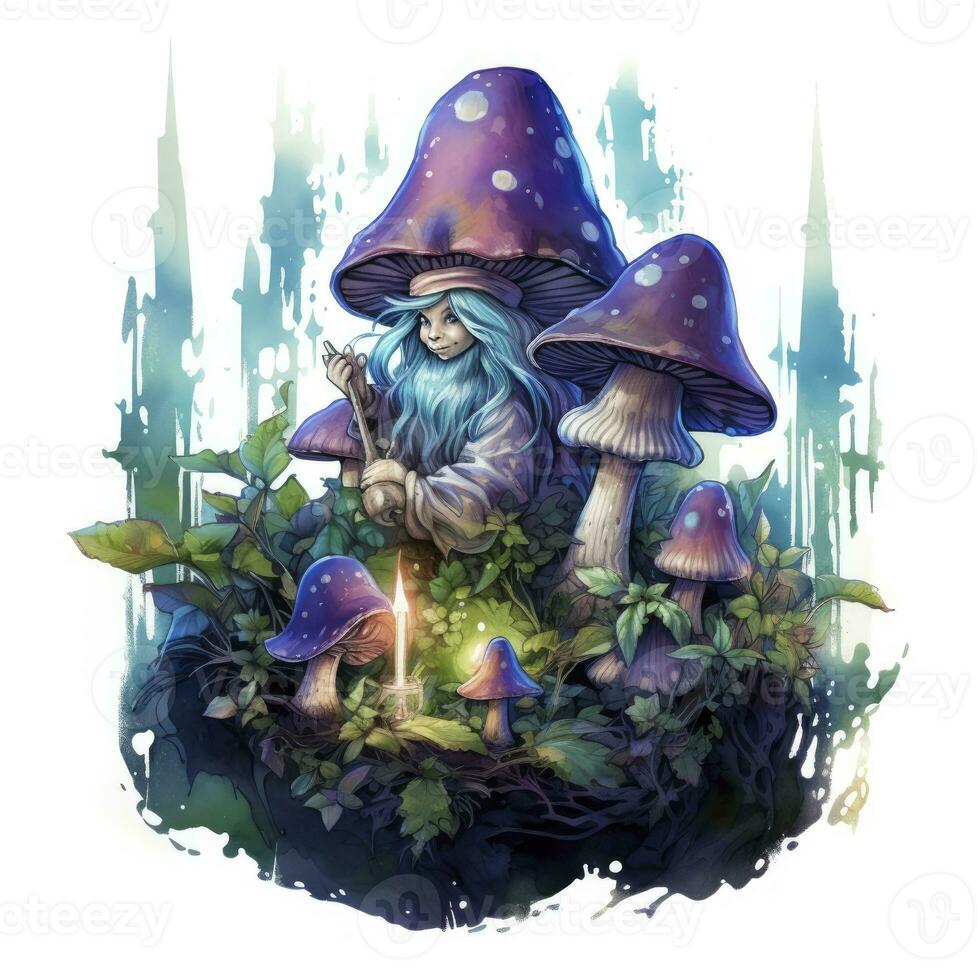 AI generated Watercolor Moonlit Glow of Enchanted Mushrooms for T-shirt Design. AI Generated photo