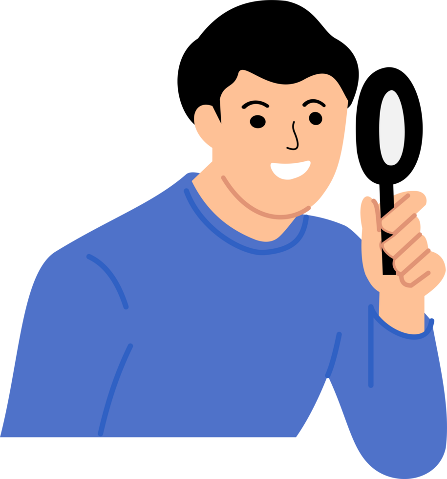 young man looking using a magnifying glass png