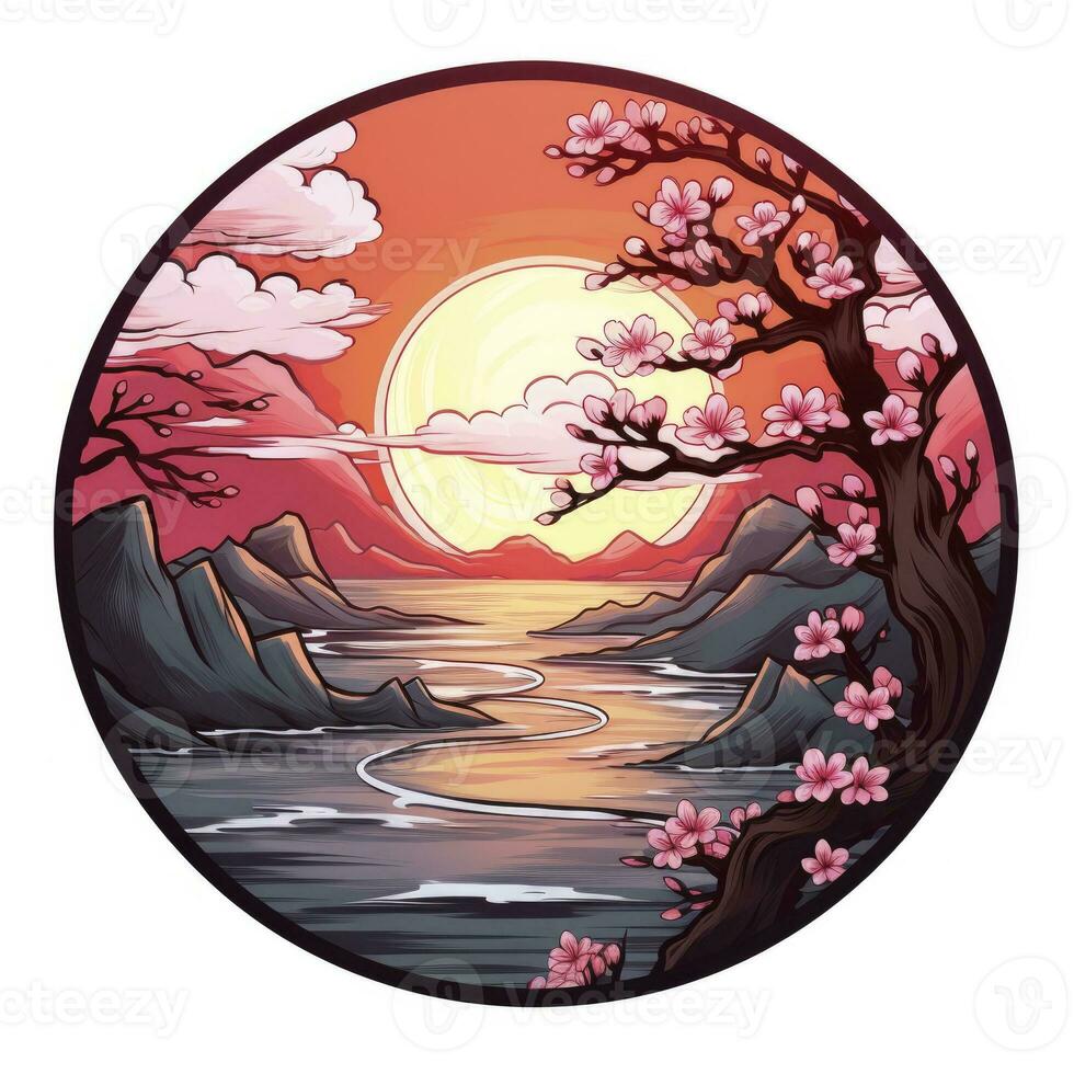 AI generated Cherry blossoms in the sunset background. Japanese tattoo style. AI Generated photo