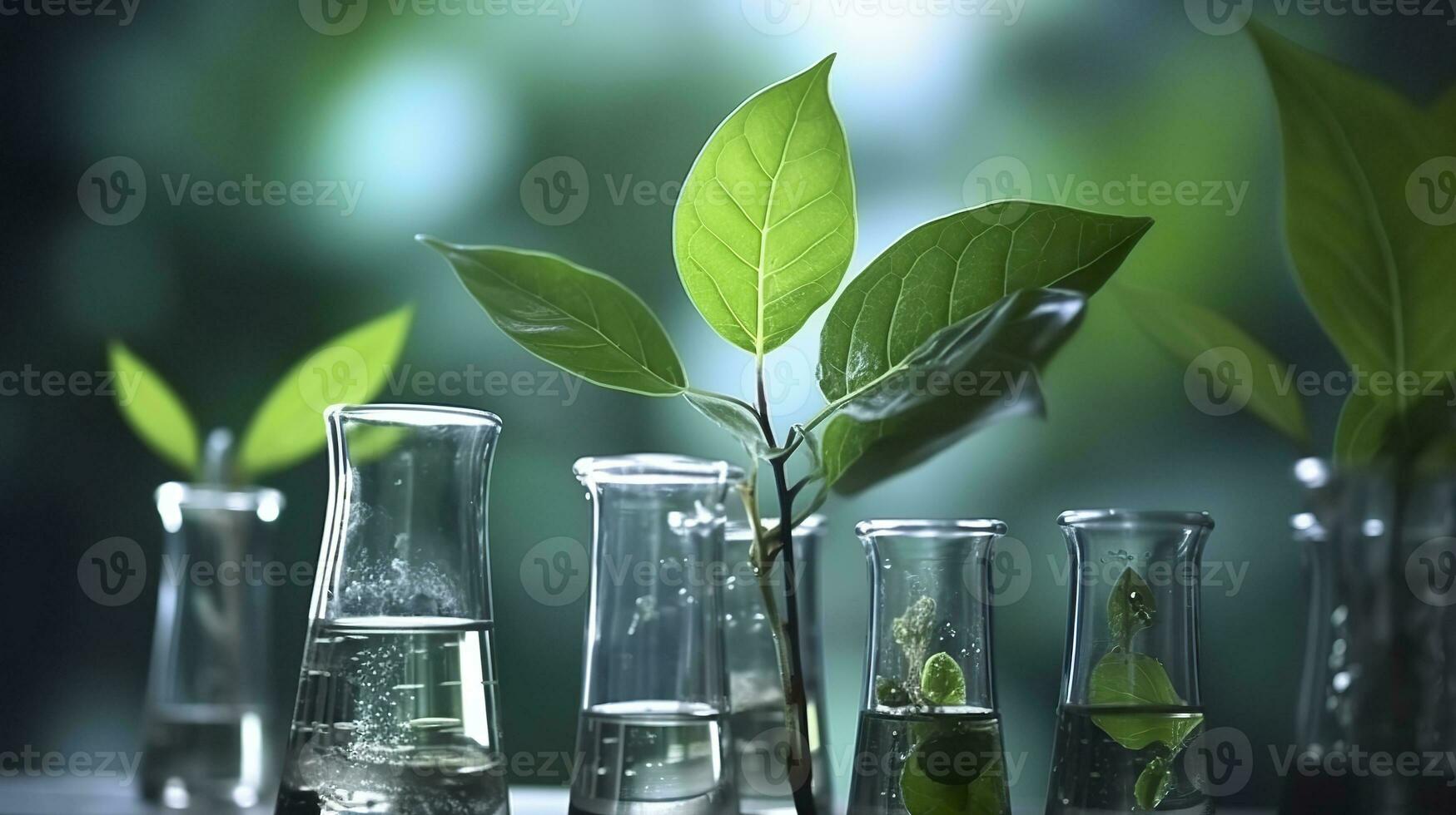 ai generado biotecnología concepto con verde planta hojas, laboratorio cristalería, y conductible investigación, ilustrando el poderoso combinación de naturaleza y Ciencias en médico avances foto