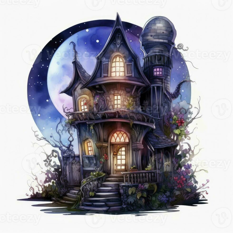 AI generated Moonlight dark themed night elf fairytale fantasy fairy house. AI Generated photo