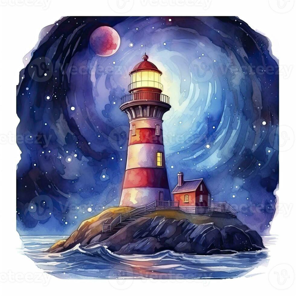 AI generated Lighthouse beside the sea at Night. watercolor for T-shirt design. AI Generated photo