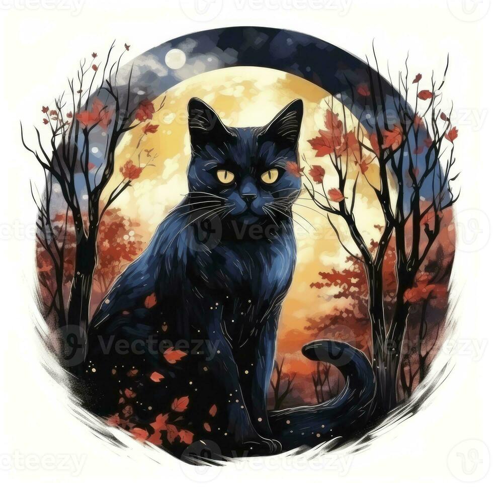 AI generated Black Cat in Moonlit Forest. Watercolor for T-shirt design. AI Generated photo