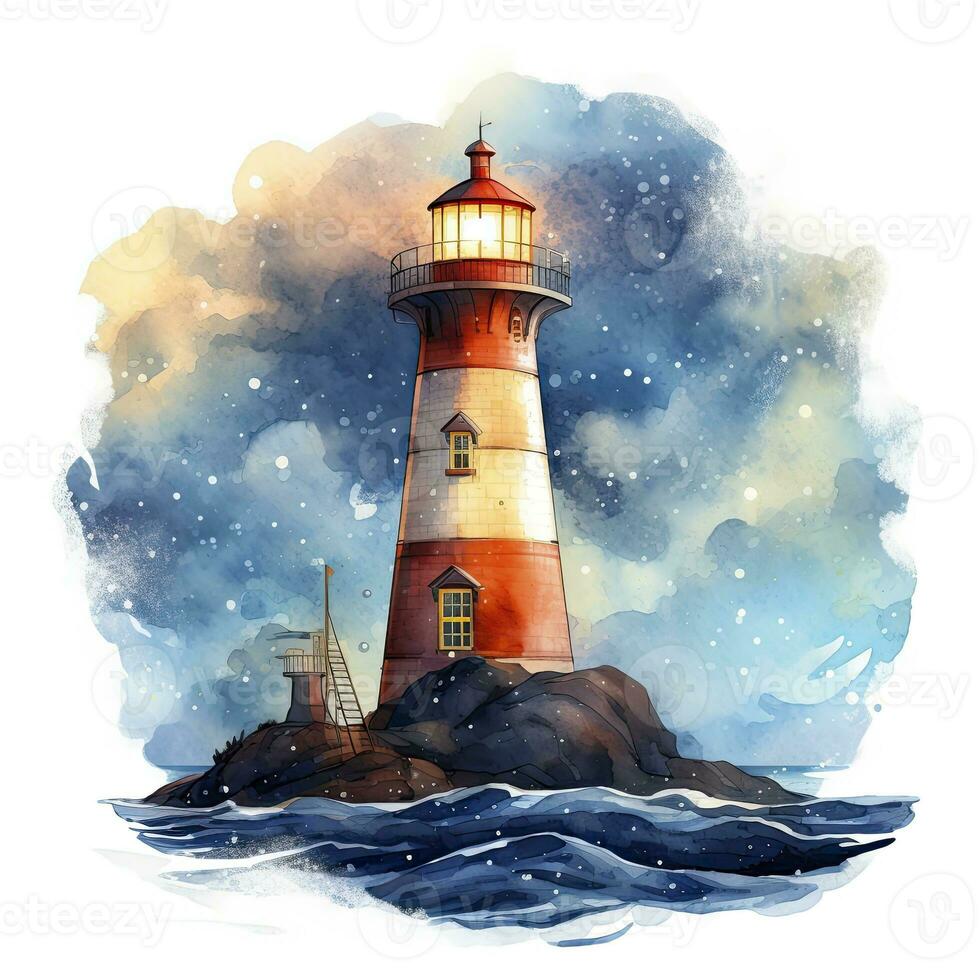 AI generated Lighthouse beside the sea at Night. watercolor for T-shirt design. AI Generated photo