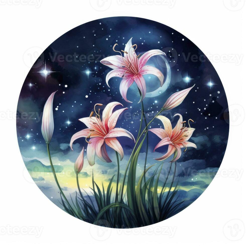 AI generated Watercolor fairy lilies blooming under a starry night sky on a white background. AI Generated photo