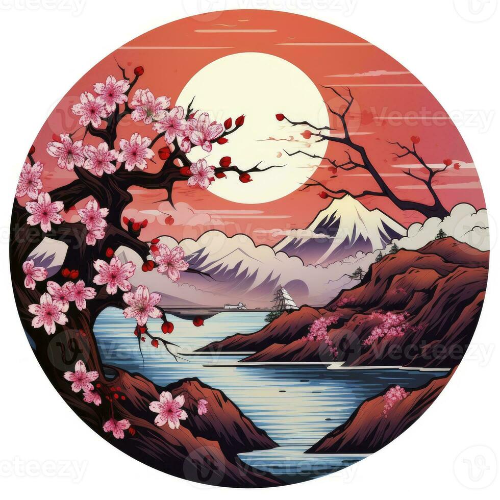 AI generated Cherry blossoms in the sunset background. Japanese tattoo style. AI Generated photo
