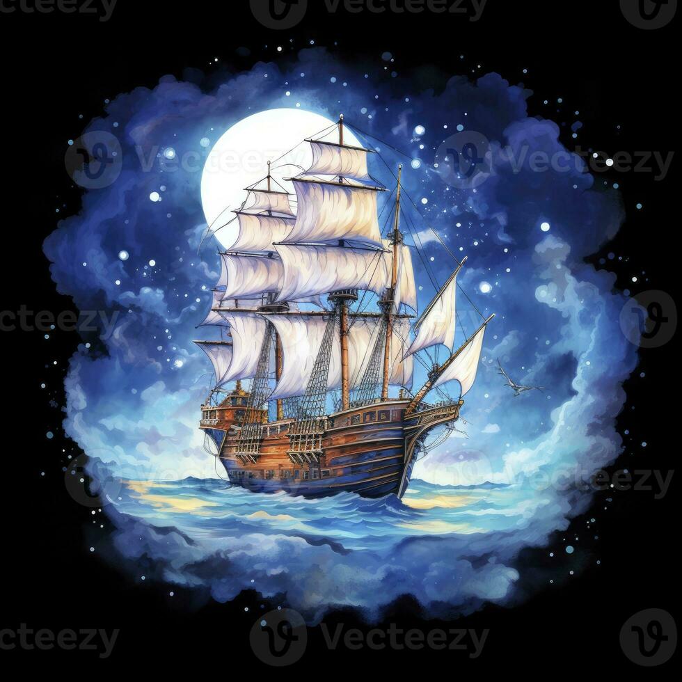 AI generated Night sea ship watercolor style for T-shirt design. AI Generated photo