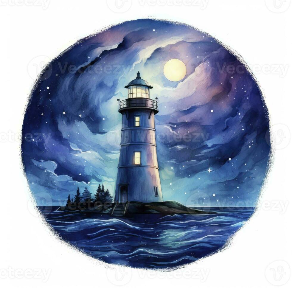 AI generated Lighthouse beside the sea at Night. watercolor for T-shirt design. AI Generated photo