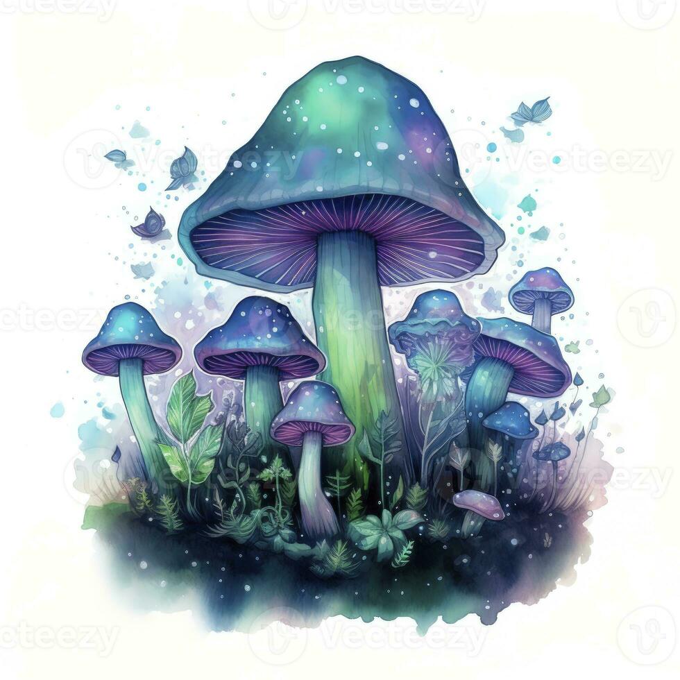 AI generated Watercolor Magical Mushrooms for T-shirt Design. AI Generated photo