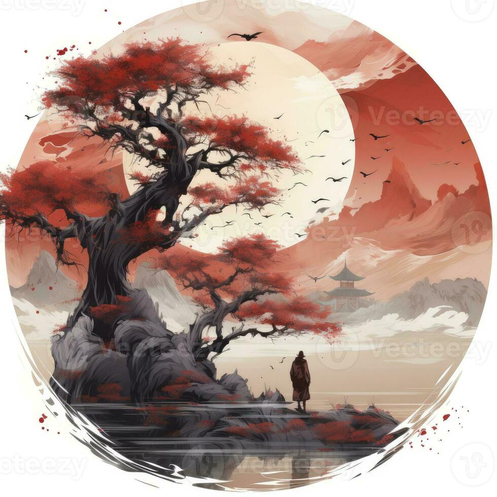 AI generated Chinese ink painting. T-shirt Design. AI Generated photo