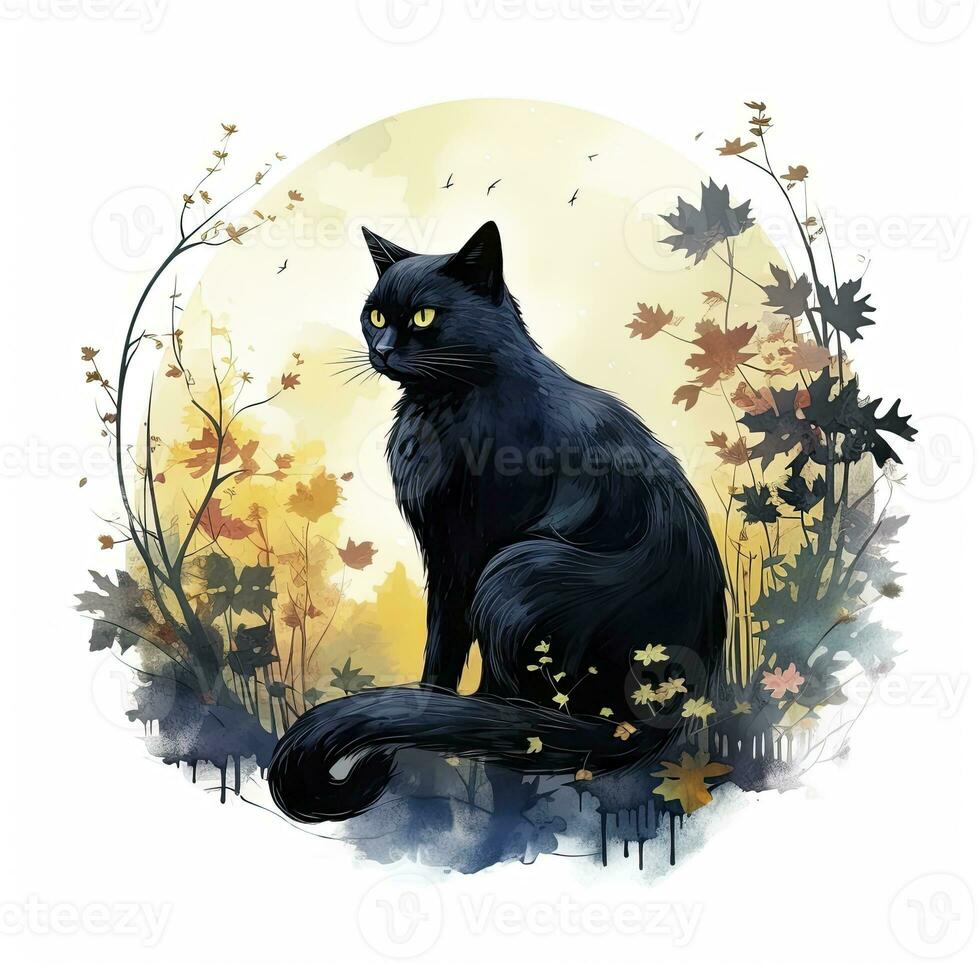 ai generado negro gato en de luna bosque. acuarela para camiseta diseño. ai generado foto