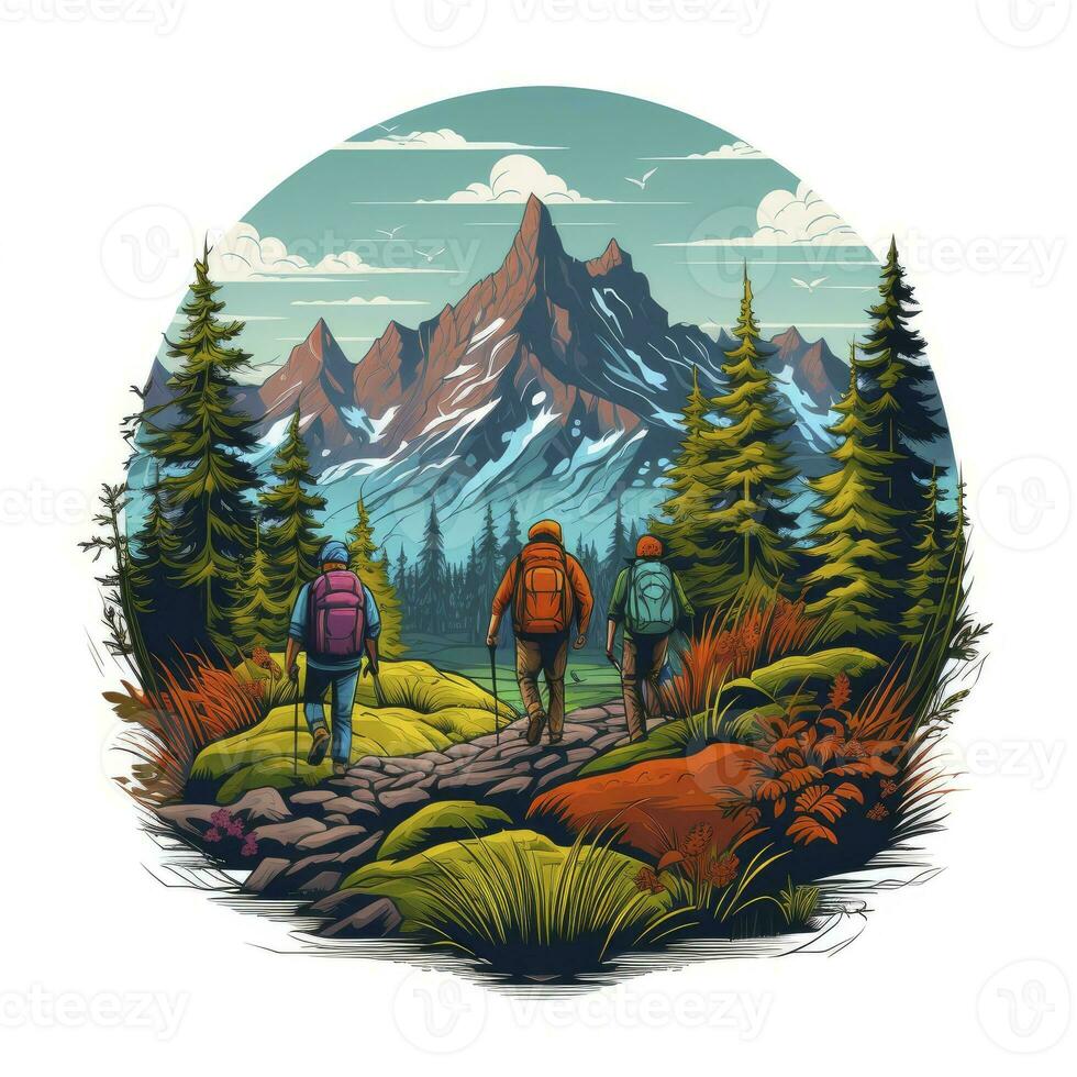 AI generated Vibrant colors wilderness hiking scene for t-shirt. AI Generated photo