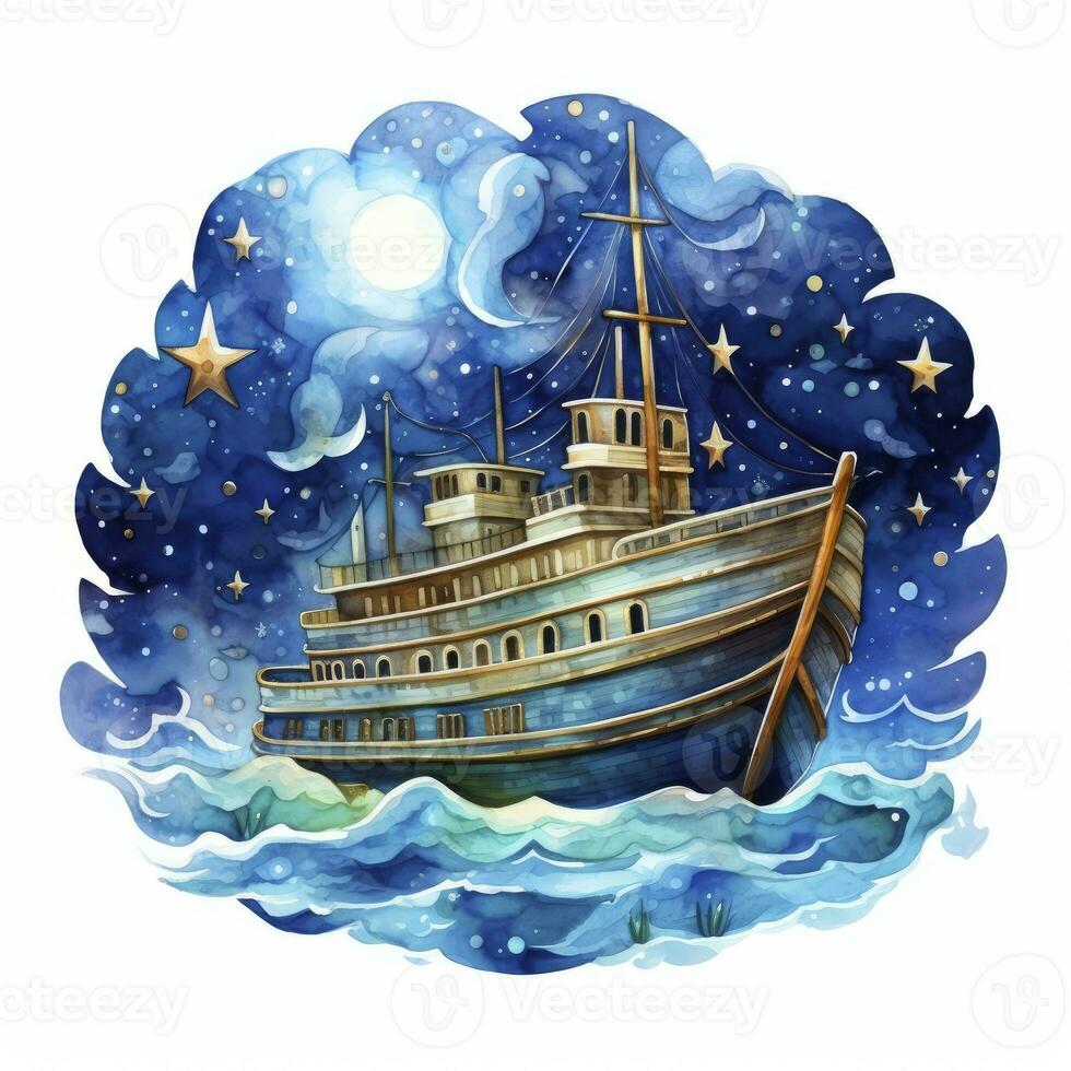 AI generated Night sea ship watercolor style for T-shirt design. AI Generated photo