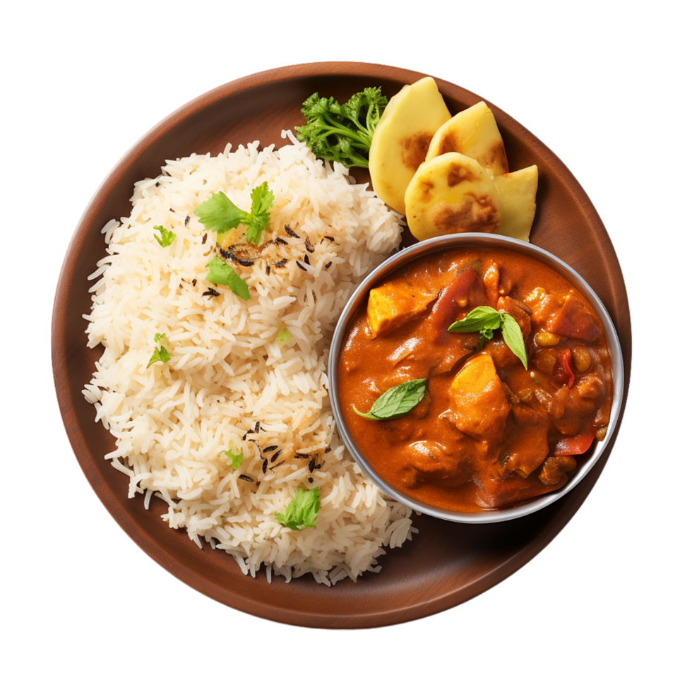 AI generated rice with chicken and vegetables Plate of Indian Curry  on transparent background PNG image