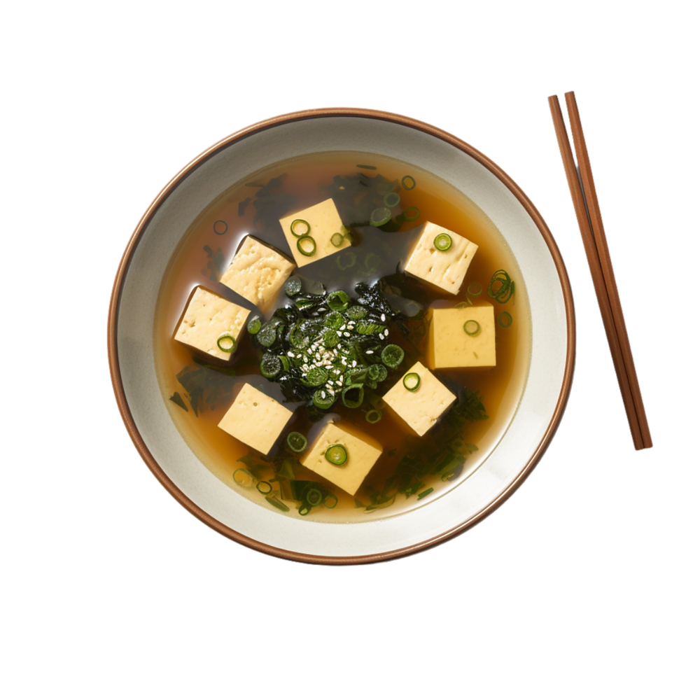 ai generiert Teller von Miso Suppe mit Tofu Seetang und Essstäbchen auf ...