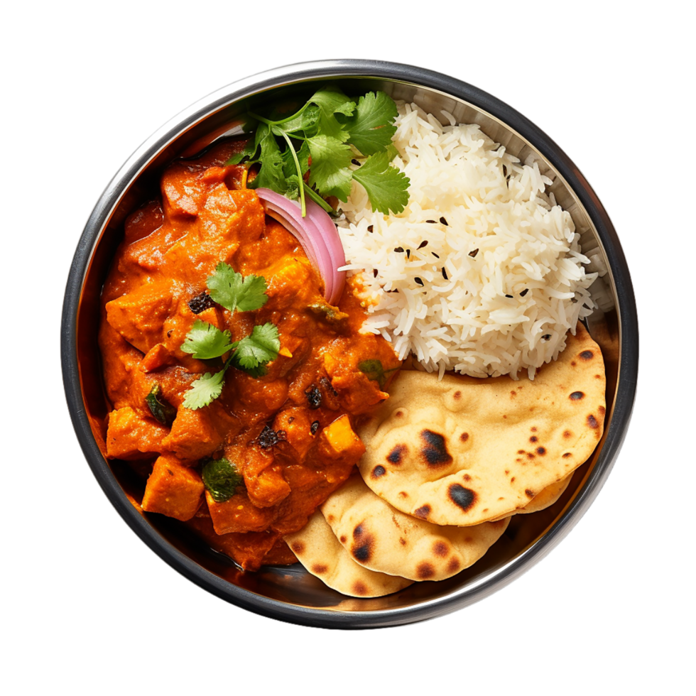 AI generated rice with chicken and vegetables Plate of Indian Curry  on transparent background PNG image