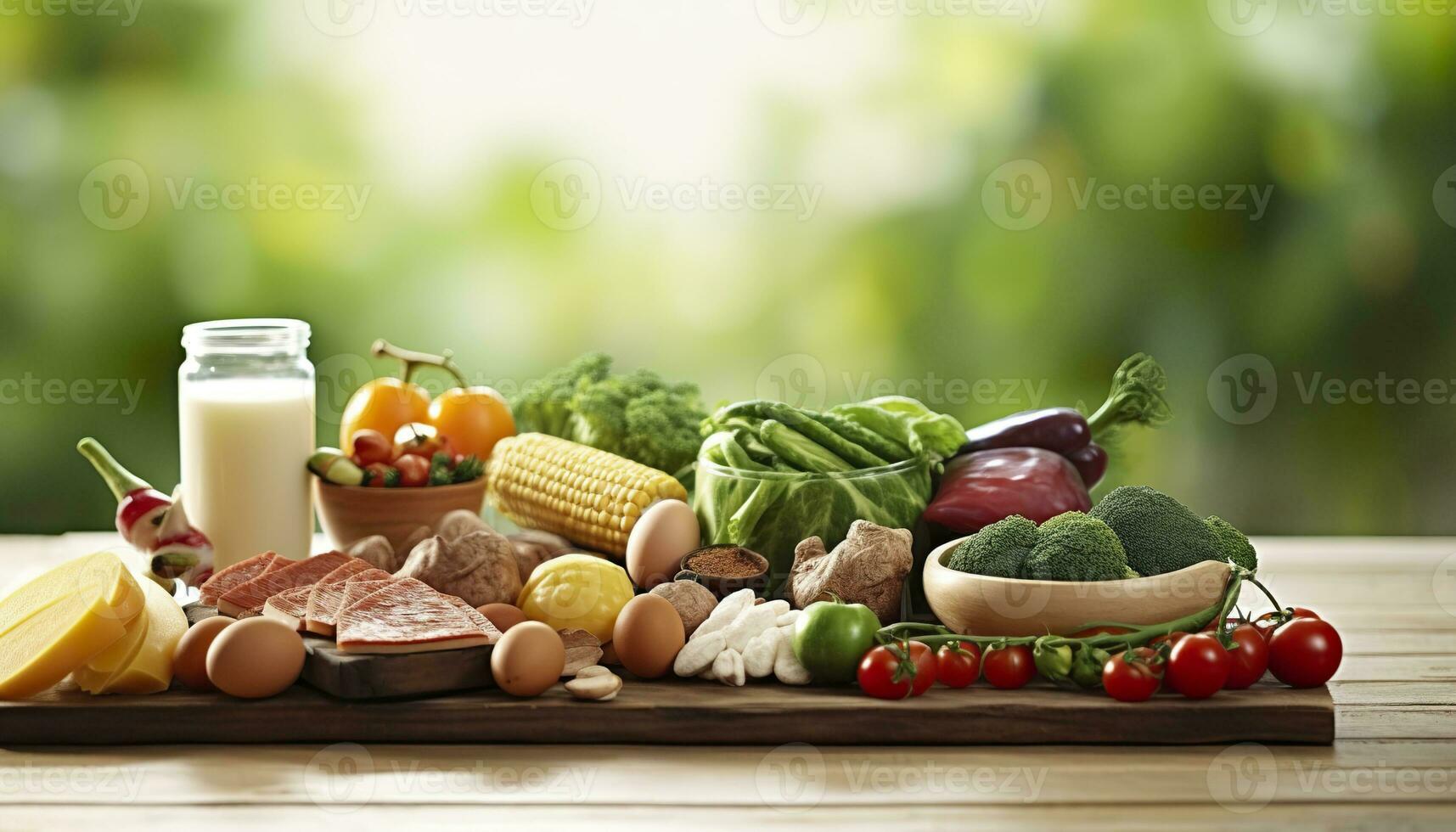 AI generated Closeup of vegetables, fruits, and meat on wooden table over green natural background. Generative AI photo