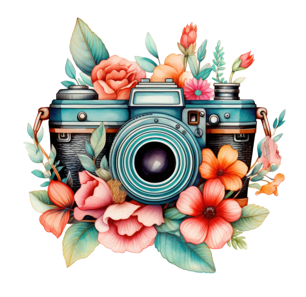 AI generated camera floral cutout vintage camera floral cutout fashion png