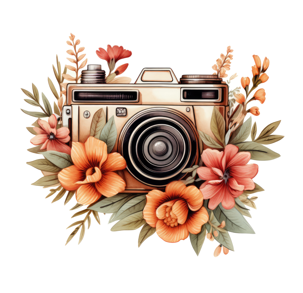 AI generated camera floral cutout vintage camera floral cutout fashion png