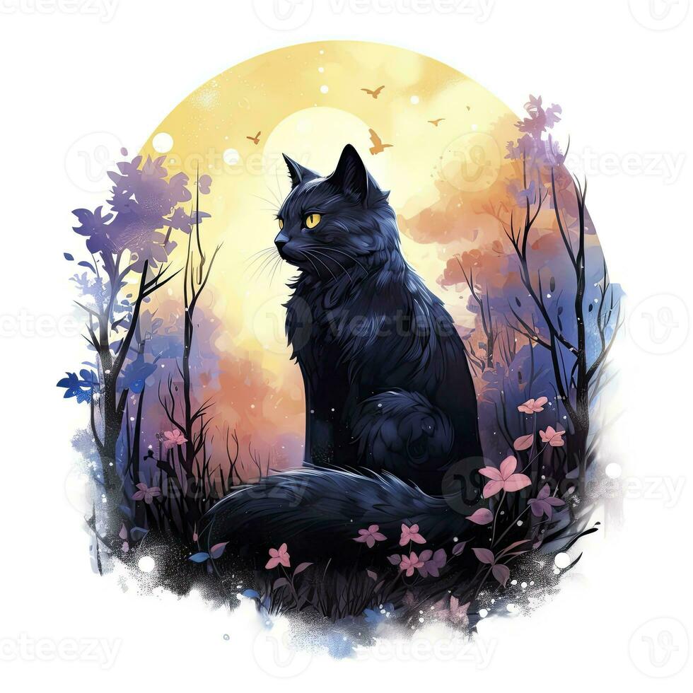 AI generated Black Cat in Moonlit Forest. Watercolor for T-shirt design. AI Generated photo