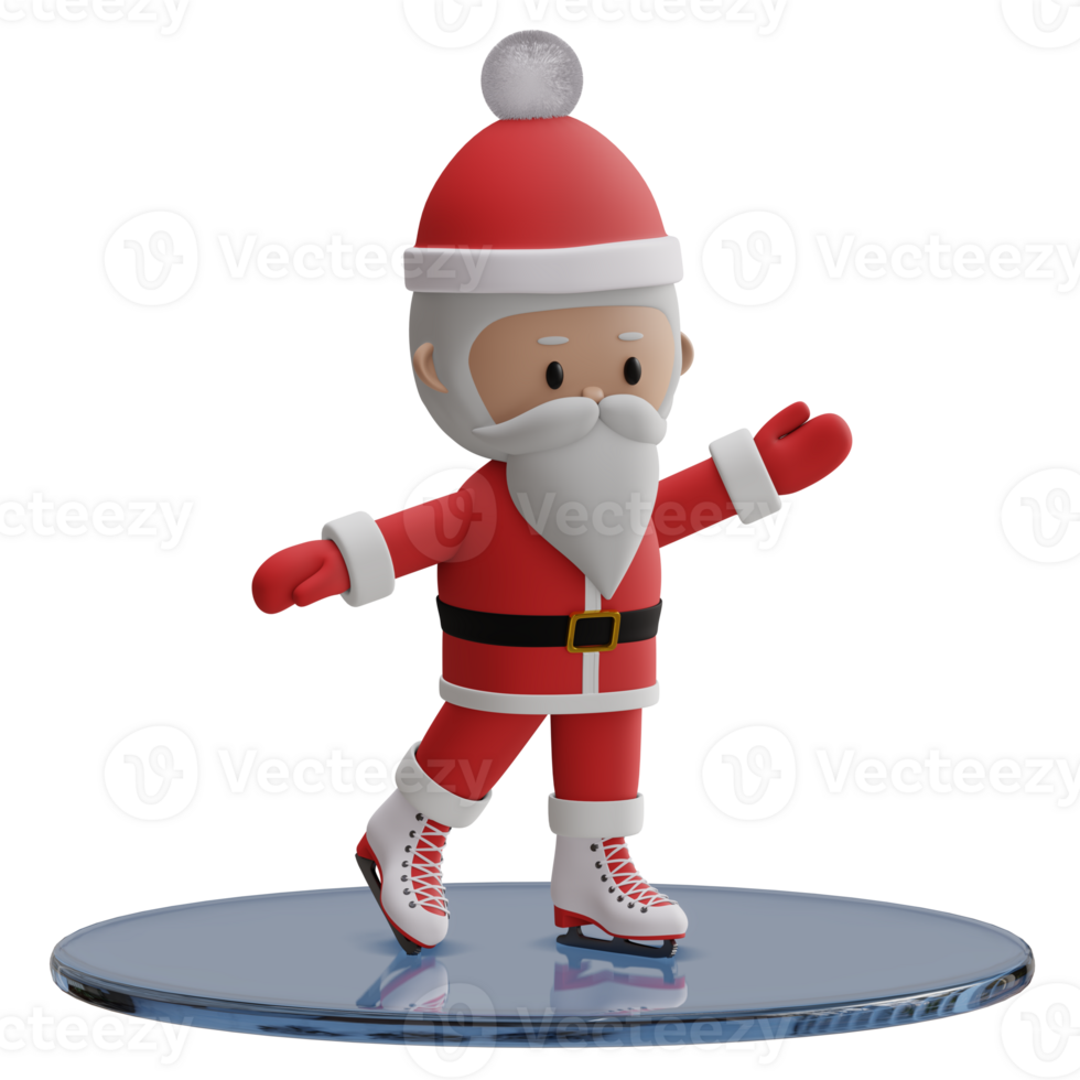 Cute christmas santa claus on the ice skates 3d rendered icon isolated png