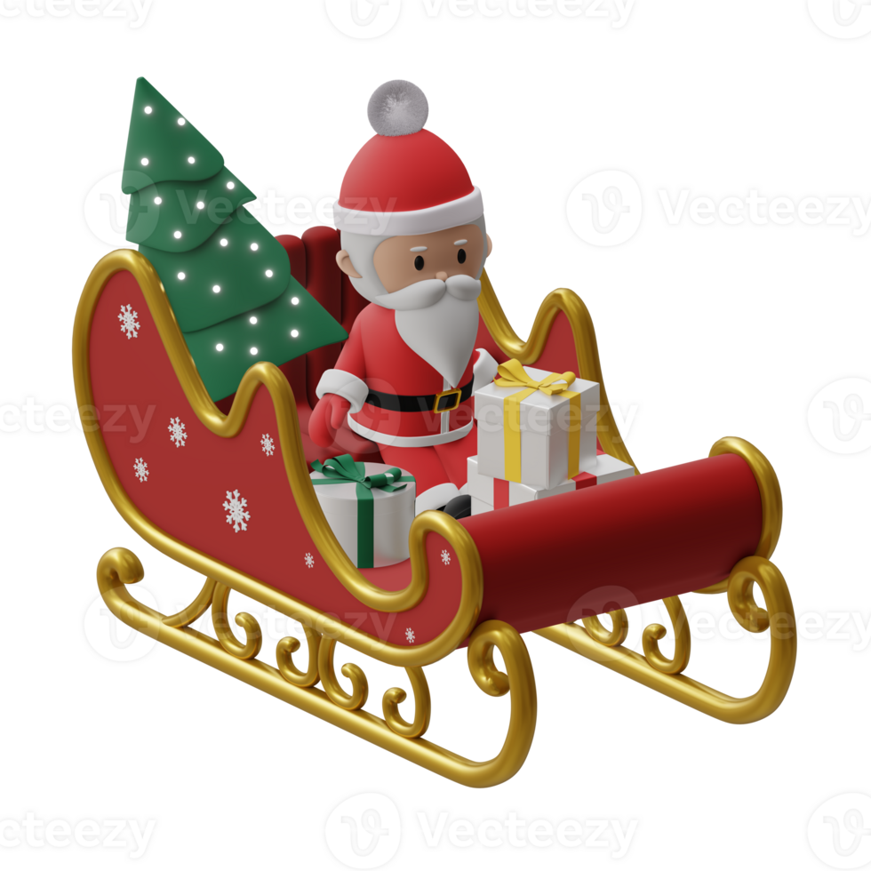 Cute christmas santa claus in the sleigh full of gifts 3d rendered icon isolated png