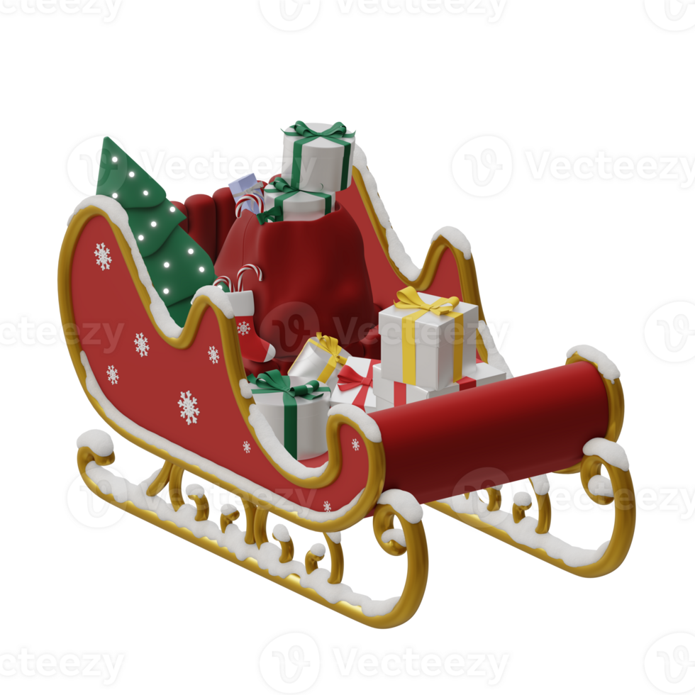 Winter sleigh full of christmas gifts 3d rendered icon isolated png