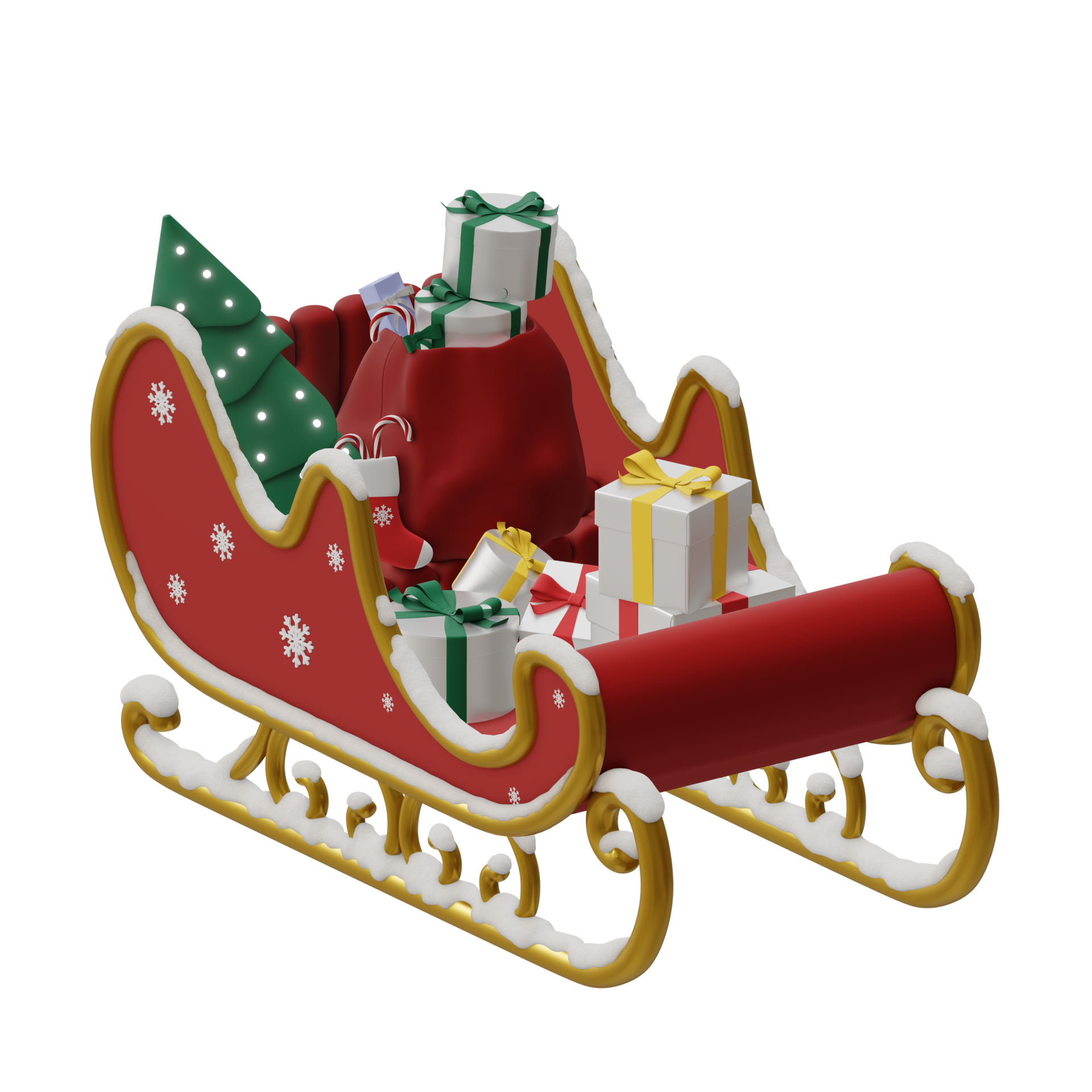 Winter sleigh full of christmas gifts 3d rendered icon isolated