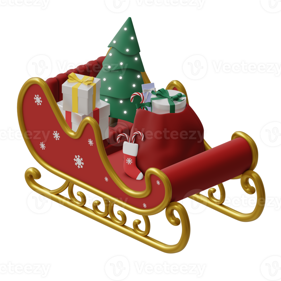 Winter sleigh full of christmas gifts 3d rendered icon isolated png