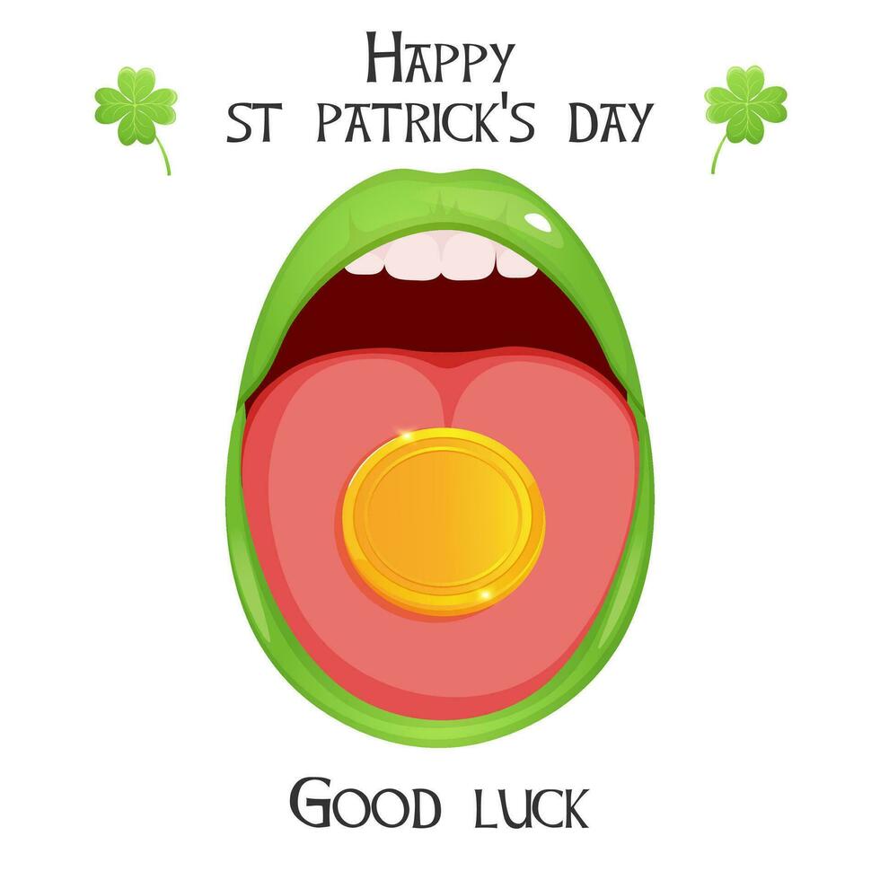 Happy st. Patrick day banner, card, social media post template with green open lips and gold coin vector